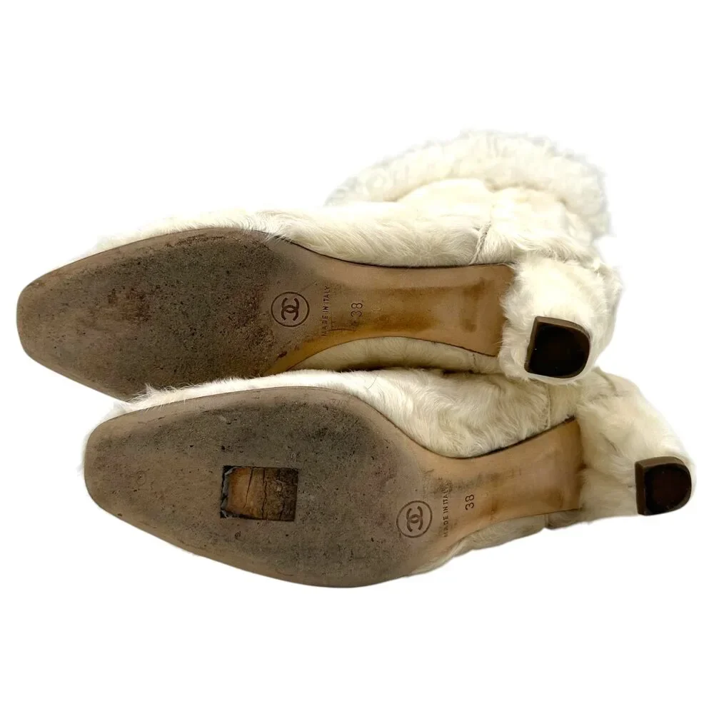 Chanel Ivory Mongolian Lamb Fur Heeled Boots